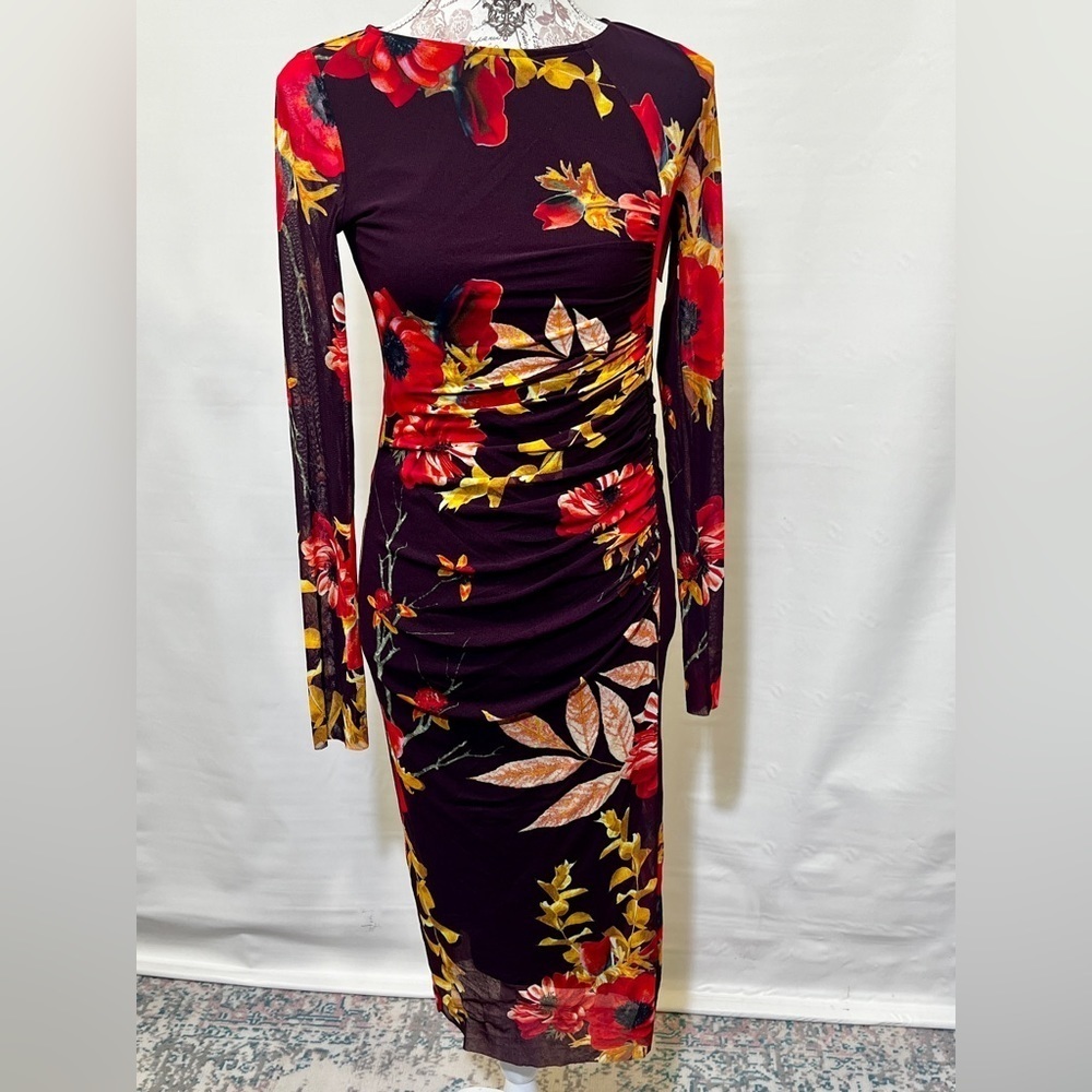 FUZZI Dark burgundy floral stretch midi dress size S/M.‎ - Picture 3 of 14